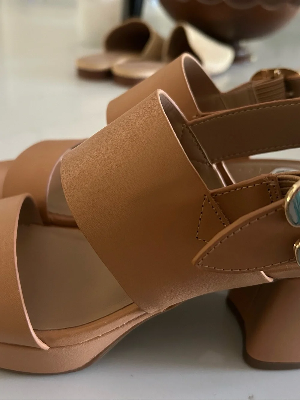 AEROSOLES Tan Double-Band Block Heel Sandals with Ankle Buckle
